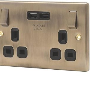 BG Electrical NAB22U3B Nexus Metal Double Switched Socket 13 A with USB Charger, 2 x USB 3.1 A Sockets - Black Insert, Pack of 5