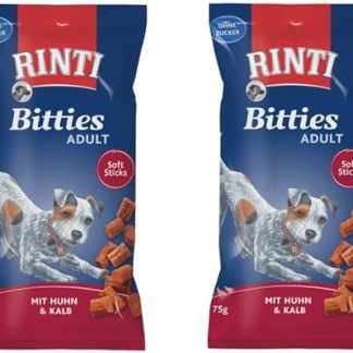 Rinti Bitties Adult Chicken & Veal, Double Pack, 2 x 75 g, Supplementary Feed for Adult Dogs, Soft Pieces Prepared with Lots of Fresh Meat, with Omega 3 and No Sugar