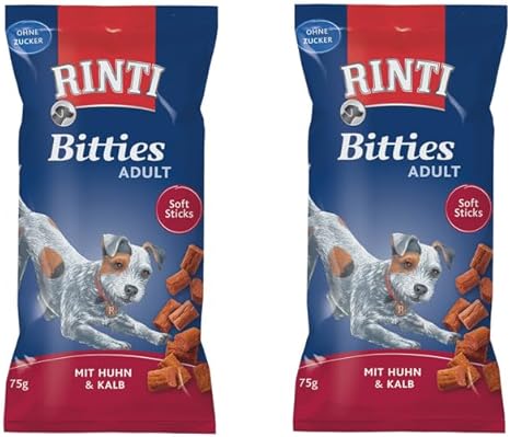 Rinti Bitties Adult Chicken & Veal, Double Pack, 2 x 75 g, Supplementary Feed for Adult Dogs, Soft Pieces Prepared with Lots of Fresh Meat, with Omega 3 and No Sugar