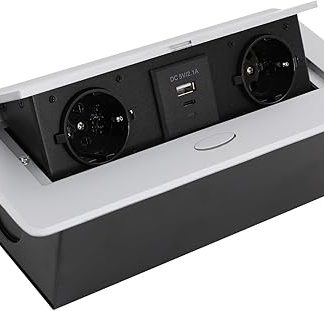 Retractable Socket Table Socket Built-in Socket Built-in Power Strip Retractable 2500 W / 16 A / 230 V Power Strip with USB-C and USB-A 2 x Sockets 1.8 m Cable for Worktop Table Kitchen (Silver)