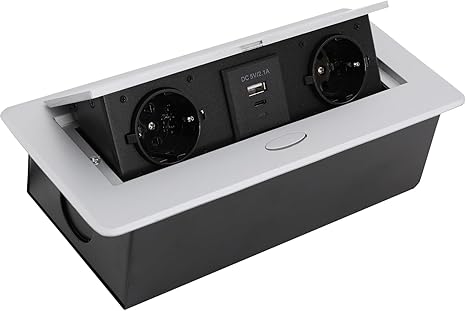 Retractable Socket Table Socket Built-in Socket Built-in Power Strip Retractable 2500 W / 16 A / 230 V Power Strip with USB-C and USB-A 2 x Sockets 1.8 m Cable for Worktop Table Kitchen (Silver)