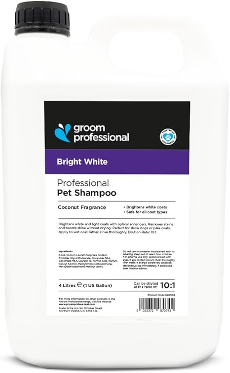 Groom Professional Bright White Dog Shampoo (4L) - Salon Size, Brightening 10:1 Shampoo, Removes Dirt and Yellowing, Gives Shine and Freshness, UK Produced