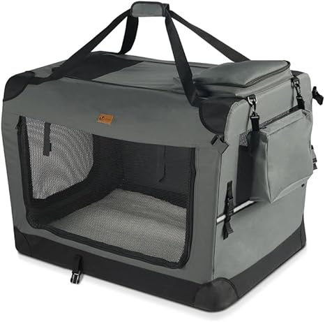 VOUNOT Hundebox faltbar, Transportbox Katze Hunde, Hundetasche, Oxford-Gewebe, Netzstoff, Atmungsaktiv, Transportabel, Metallrahmen, mit Griffen, Taschen, 50x35x36 cm S, Grau