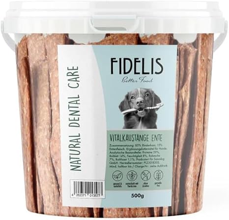 Fidelis - Vitalkaustange Duck - Dental Care Snacks for Dogs 500 g Bucket - Air-Dried Treats Made from 100% Natural Raw Materials - Snack for Dental Hygiene
