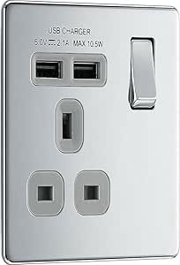 BG Electrical fpc21u2g 2.1 A Masterplug Single Socket with 2 x USB, Polished Chrome Grey Insert