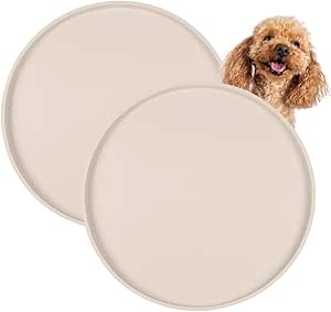 Round Dog Bowl Mat, Pack of 2, BPA-Free Silicone Mat with Rim, Diameter 25 cm, Non-Slip Pet Mat for Food and Water Bowls, Easy to Clean and Waterproof, Beige