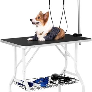 Yaheetech Folding Dog Scissors Table with Bottom Shelf, Dog Trimming Table, Dog Grooming Table for Grooming & Brushes, Height Adjustable, Space-Saving, Sturdy, Non-Slip Surface, Suitable for Poodle
