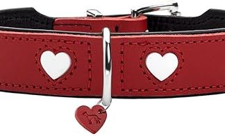 HUNTER Love Dog Collar Colour: Red/Black, Soft, Robust Cowhide Leather, Individually Sewn-in Hearts, Handmade, High, Particularly Soft, Made in Germany, Size 37