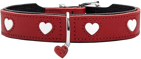 HUNTER Love Dog Collar Colour: Red/Black, Soft, Robust Cowhide Leather, Individually Sewn-in Hearts, Handmade, High, Particularly Soft, Made in Germany, Size 37