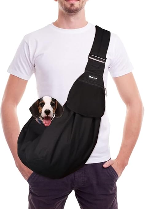 SlowTon Dog Carrier Bag, Pet Dog Bag with Adjustable, Padded Shoulder Strap and Front Pocket, Carry Bag Dog for Walking Outdoor Activities and Excursions (Black Waterproof)