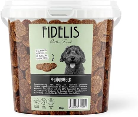 Fidelis Horse burger for dogs in resealable 1 kg bucket - air-dried dog treats made from 100% natural raw materials