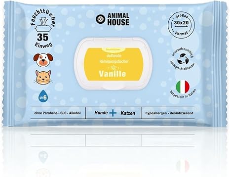 Animal House Scented Wipes 35 Pack: Hypoallergenic and Biodegradable Wet Wipes for Daily Cleaning of Dogs and Cats (35, Vanilla)