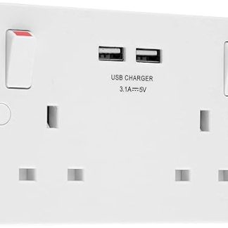 BG Electrical Double Switched 13A Fast Charge Socket with Two USB Charging Ports, 3.1A, 5V, 15.5W, Square Edge, White, Pack of 5