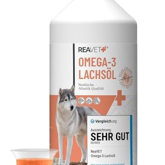 ReaVET Salmon Oil Dogs 1 Litre - Rich in Omega 3 & 6, Fish Oil Dog High Dose, Real Food Grade without Additives, Freshly Bottled in Germany