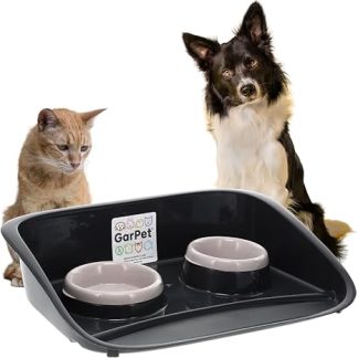 GarPet Feeding Station Dog 2 Bowls Feeding Bar with Raised Back Panel Splash Guard Non-Slip Dog Bar Feeding Bowl Water Bowl Mat Mat Dogs Cats