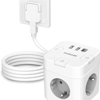 6-in-1 Socket Cube with USB C, 3-Way Power Strip, Flat Connector with Individually Switchable, Multiple Socket Cube with 2 m Cable, 1 Type C USB Multiple Plug for Office, Home, Travel (White)