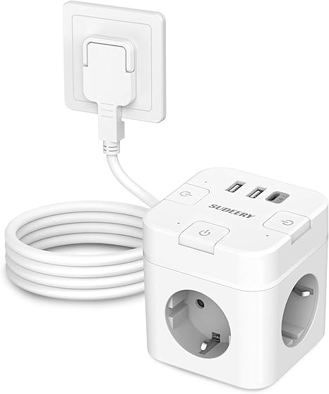 6-in-1 Socket Cube with USB C, 3-Way Power Strip, Flat Connector with Individually Switchable, Multiple Socket Cube with 2 m Cable, 1 Type C USB Multiple Plug for Office, Home, Travel (White)