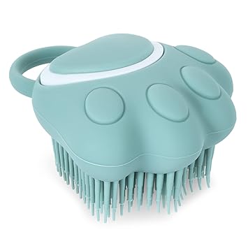 TIESOME Dog Cat Bath Brush Comb, Silicone Puppy Grooming Brush Soft Pet Cleaning Massage Brush Shampoo Dispenser for Soothing Massage Washing (Blue Paw Shape)