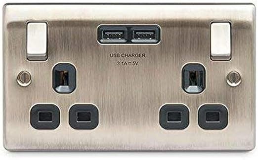 BG Electrical NAB22U3B Nexus Metal Antique Brass Double Switched 13A Power Socket With USB Charging - 2X USB Sockets (3.1A) Black Insert