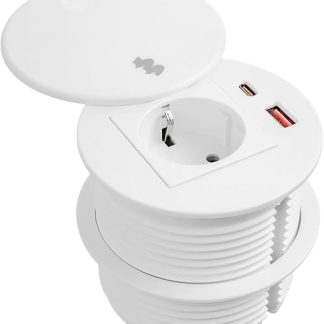 Built-in socket with USB-C, round table socket, retractable for 91 mm table hole, Schuko socket installation, 1.8 m cable, retractable furniture socket for desk, kitchen, conference room