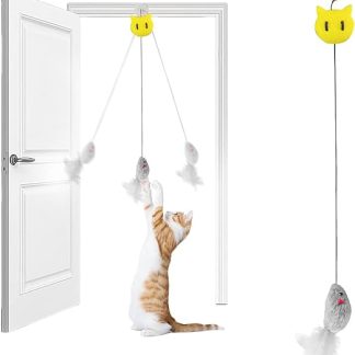 LBJFYHJN Cat Toy Self-Employment Hanging Door Frame, Grey Mice, Realistic Plush Mouse The Squeaks, Interactive Cat Toy Mouse with Feather Tail