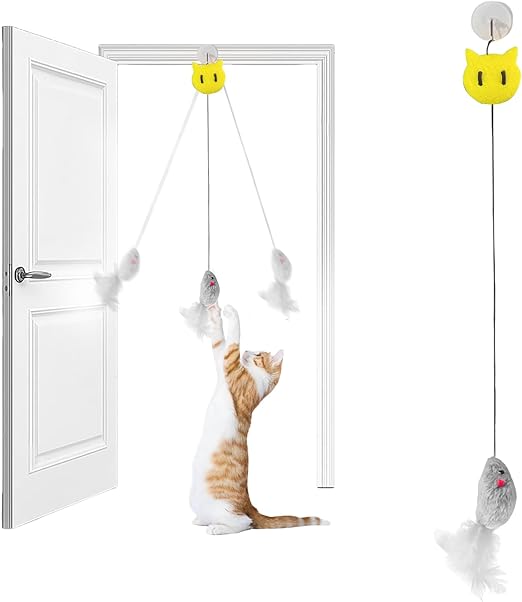 LBJFYHJN Cat Toy Self-Employment Hanging Door Frame, Grey Mice, Realistic Plush Mouse The Squeaks, Interactive Cat Toy Mouse with Feather Tail
