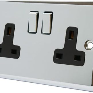 AET CPC2GSOCBC Polished Chrome Classical 2 Gang Black Insert Metal Rocker Switches-13 Amp Double Plug Socket