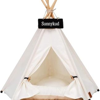 Sunnykud Teepee for Pets, Dog, Cat Fold-Away Tent, House, with Cushion, Removable and Washable Bed, M, 50 x 50 x 60 cm, White