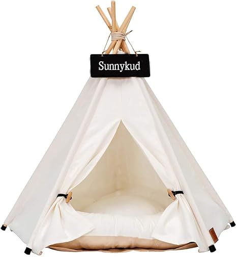 Sunnykud Teepee for Pets, Dog, Cat Fold-Away Tent, House, with Cushion, Removable and Washable Bed, M, 50 x 50 x 60 cm, White