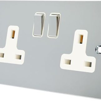 Alliance Electrical FPC2GSOCWC Polished Chrome Flat 2 Gang White Insert Metal Rocker Switch 13A Twin Socket