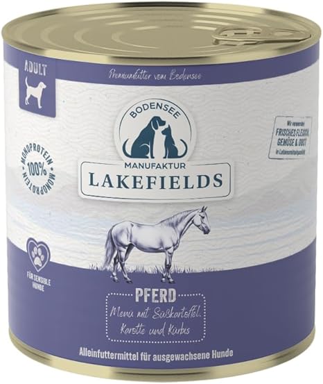 Lakefields Premium Wet Dog Food, Horse 60%, 6 x 800 g, Grain-Free Wet Food for Dogs, Natural Food Grade Ingredients, Sweet Potatoes, Carrot and Pumpkin, Gently Cooked