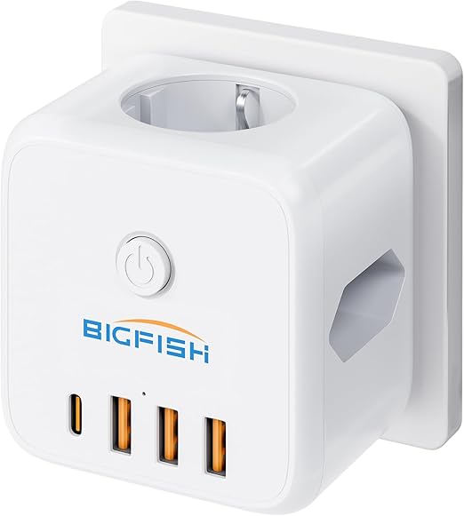 Bigfish Power Strip with USB C, Multiple Socket with 4 USB, Socket Cube without Cable, Multiple Plug for Socket with Switch, 3 Way Socket Adapter for Office, Home