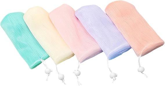 Pack of 5 Soap Bags Layered Thick Mesh in Green, Beige, Orange, Pink, Practical Lightweight Soap Bags for Solid Soap Pieces, Foam, Creating Gentle Exfoliation for Travel and Home