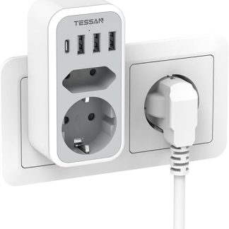 TESSAN Double plug for USB C socket, multiple socket with 4 USB power plugs, socket adapter, 2-way plug, multiple plug for socket, socket distributor 3600 W, power supply sockets