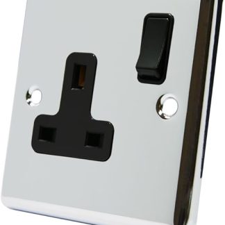 AET CPC1GSOCBL Polished Chrome Classical 1 Gang Black Insert Plastic Rocker Switch-13 Amp Single Plug Socket