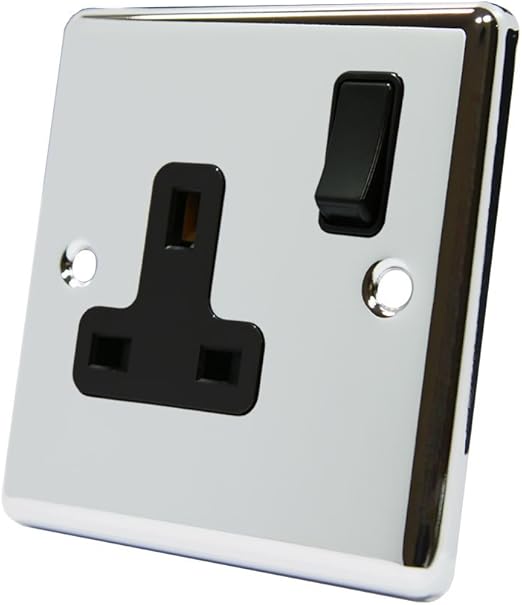 AET CPC1GSOCBL Polished Chrome Classical 1 Gang Black Insert Plastic Rocker Switch-13 Amp Single Plug Socket