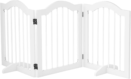 PawHut Dog Barrier 3-Piece 154.5 x 61 cm Foldable Dog Gate with Door, Door Safety Gate with 2 Support Feet, Freestanding Stair Gate for Kitchen, Hallway, White