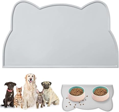 vsshe Bowl Mat for Small Dogs and Cats, 44 x 25 cm Bowl Mat Silicone Waterproof and Non-Slip Silicone Feeding Bowl Mat for Cat Bowl Feeding Mats (Grey)
