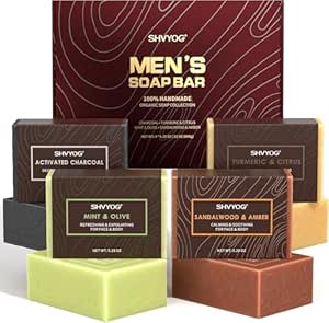 Pack of 4 Natural Men's Soap, Handmade Exfoliating Soap, Deep Cleansing, Refreshing, Moisturising Soap for Body and Face - Sandalwood, Amber, Mint, Charcoal, Turmeric
