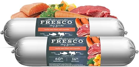 FRESCO Dog Barf Sausage Salmon and Beef with Carrot | Double Pack 2 x 400 g | High Meat Content 80% | Natural Supplementary Food for Dogs | Practical Portion & Cut Resistant