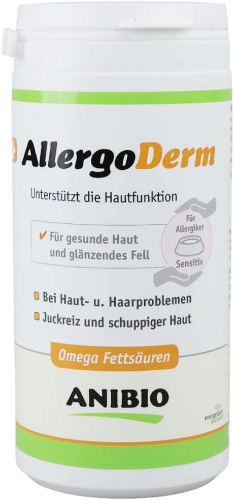 Anibio AllergoDerm 150 g Skin & Coat Care Powder for Dogs and Cats - Supplementary Feed for Itching, Flaky Skin & Hair Loss - Grain-Free, with Linseed, Herbs & Omega Fatty Acids