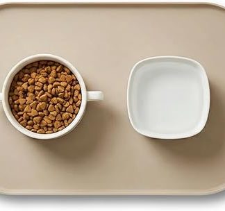 Dog Bowl Mat, BPA-Free Silicone Mat with Rim, Rubber Dog Bowl Mat for Food and Water Bowls, Beige, Rectangular, Stylish, Minimalist Pet Mat, 44 L x 27 W x 1 H cm, Holds Two Dog Bowls