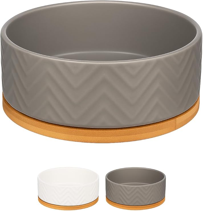 Flamingo Ceramic Dog Bowl - Large Ceramic Dog Bowl - 990 ml - Non-Slip & Elegant - Round Grey - Flamingo Bianco Grey