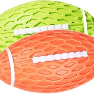 AUSCAT Pack of 2 Dog Toy Ball Squeaky, 10.3 cm Dog Ball for Medium and Small Dogs, Squeaky Toy Football Shape Made of Natural Rubber, Green and Orange Rugby