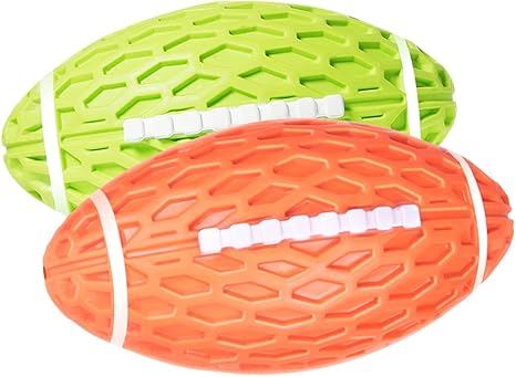 AUSCAT Pack of 2 Dog Toy Ball Squeaky, 10.3 cm Dog Ball for Medium and Small Dogs, Squeaky Toy Football Shape Made of Natural Rubber, Green and Orange Rugby