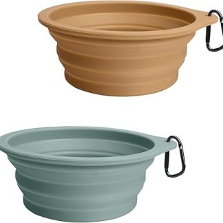 PetBonus Dog Bowls, Foldable Dog Bowls, Pack of 2 Silicone Water Bowl for Dogs on the Go, Portable Leak-Proof Travel Bowls with Carabiner for Dogs Cats for Water and Food (Turquoise, Light Brown)