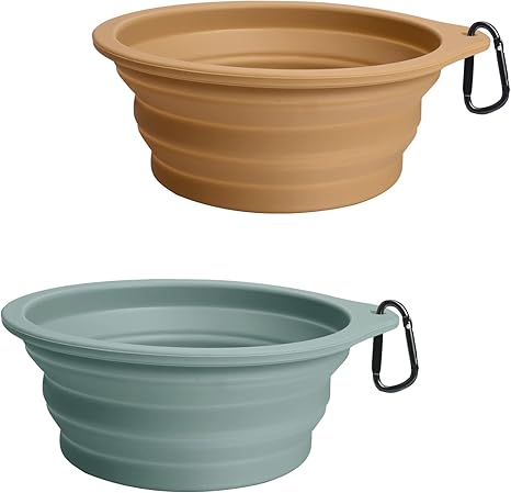 PetBonus Dog Bowls, Foldable Dog Bowls, Pack of 2 Silicone Water Bowl for Dogs on the Go, Portable Leak-Proof Travel Bowls with Carabiner for Dogs Cats for Water and Food (Turquoise, Light Brown)