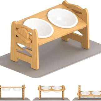 Zoyvax Raised Dog Bowl with Stand, Dog Bar Height Adjustable Feeding Bowl for Small Dogs and Cats, Durable Feeding Station Bamboo with 2 Premium Ceramic Dog Bowls and Pet Feeding Mat
