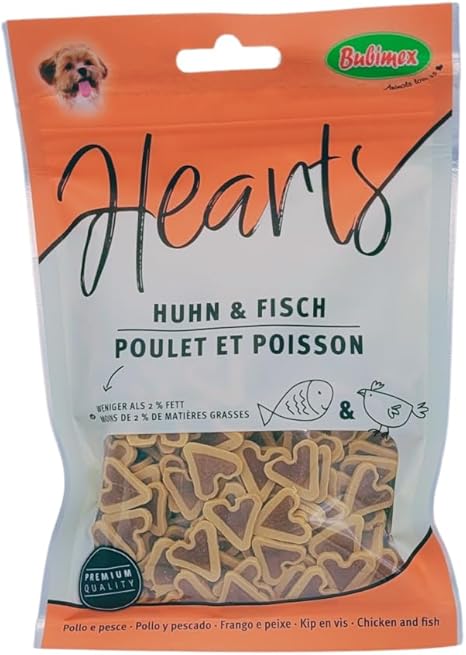 Bubimex - Hearts Chicken & Fish - Dog Treats - Low Fat - Ideal and Tasty Rewards - 100g