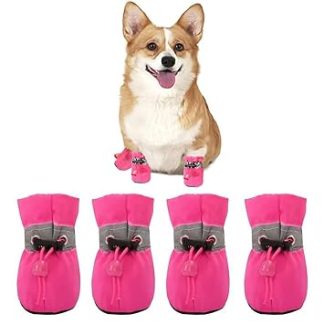 COYUN 4 x Dog Shoes, Dog Boots, Paw Protection, Non-Slip Dog Boots, Dog Shoes with Reflective Straps, Dog Shoes, Paw Protection, Adjustable, Paw Protectors for Small Dogs, Rose Red